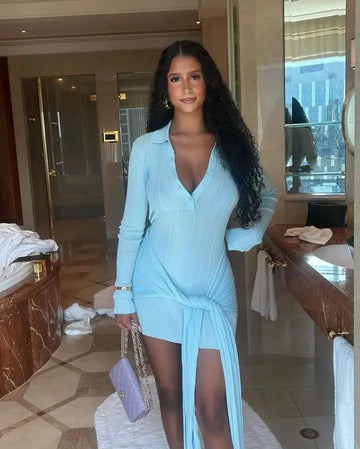 MQTIME  -  Chic Long Sleeved Lapel Tie Women Mini Dress V-neck Button Slim Hip Package Short Dresses 2025 Spring Summer Lady Party Vestidos